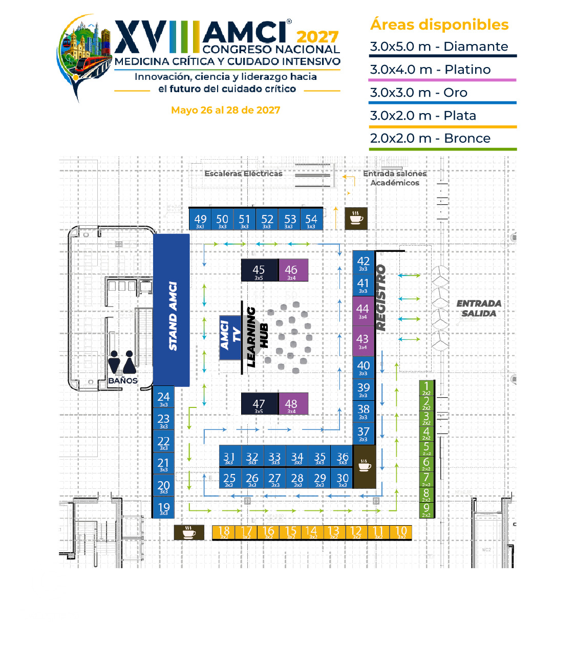 Plano de distribución de stands del piso 1 de Ágora Bogotá para el XVIII Congreso AMCI 2027